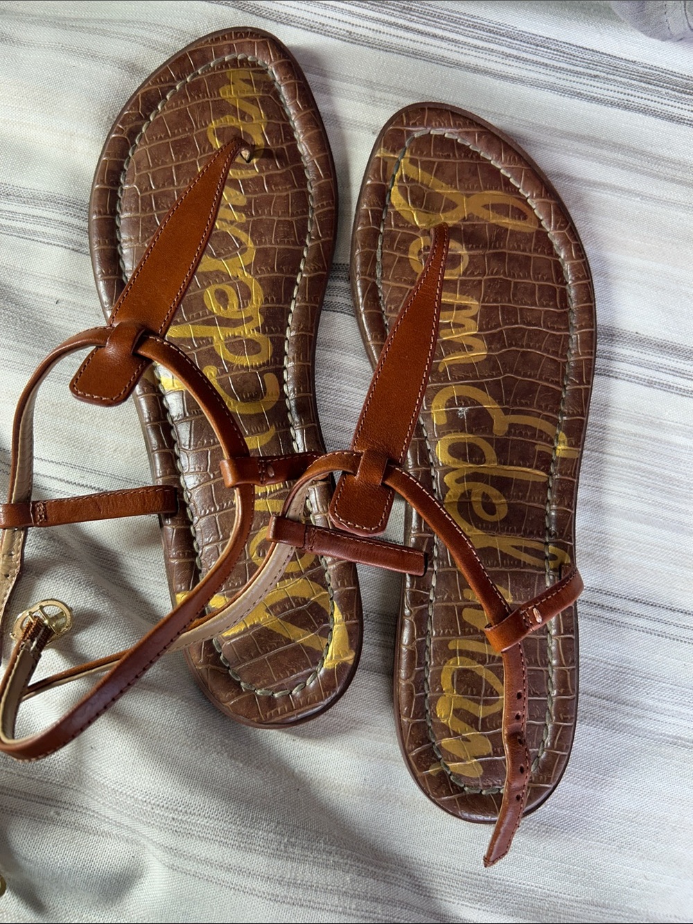 Sam Edelman Tan Brown Leather T-Strap Sandals